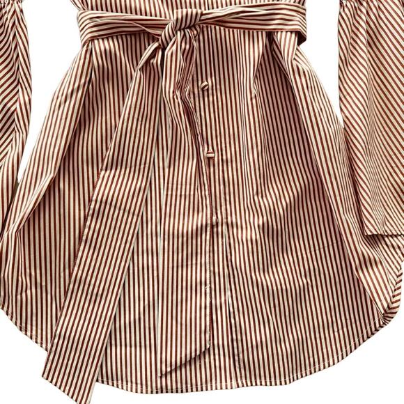 Forever 21 Contemporary Red White Shirt Dress Size Small Belted Bell Sleeve - Picture 4 of 6